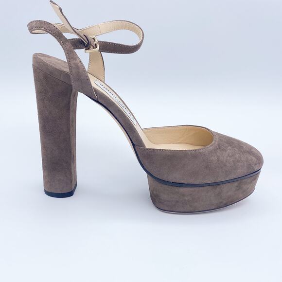 Jimmy Choo Maple 125 Stone/Taupe Suede Platform Pumps Heels - Picture 3 of 9